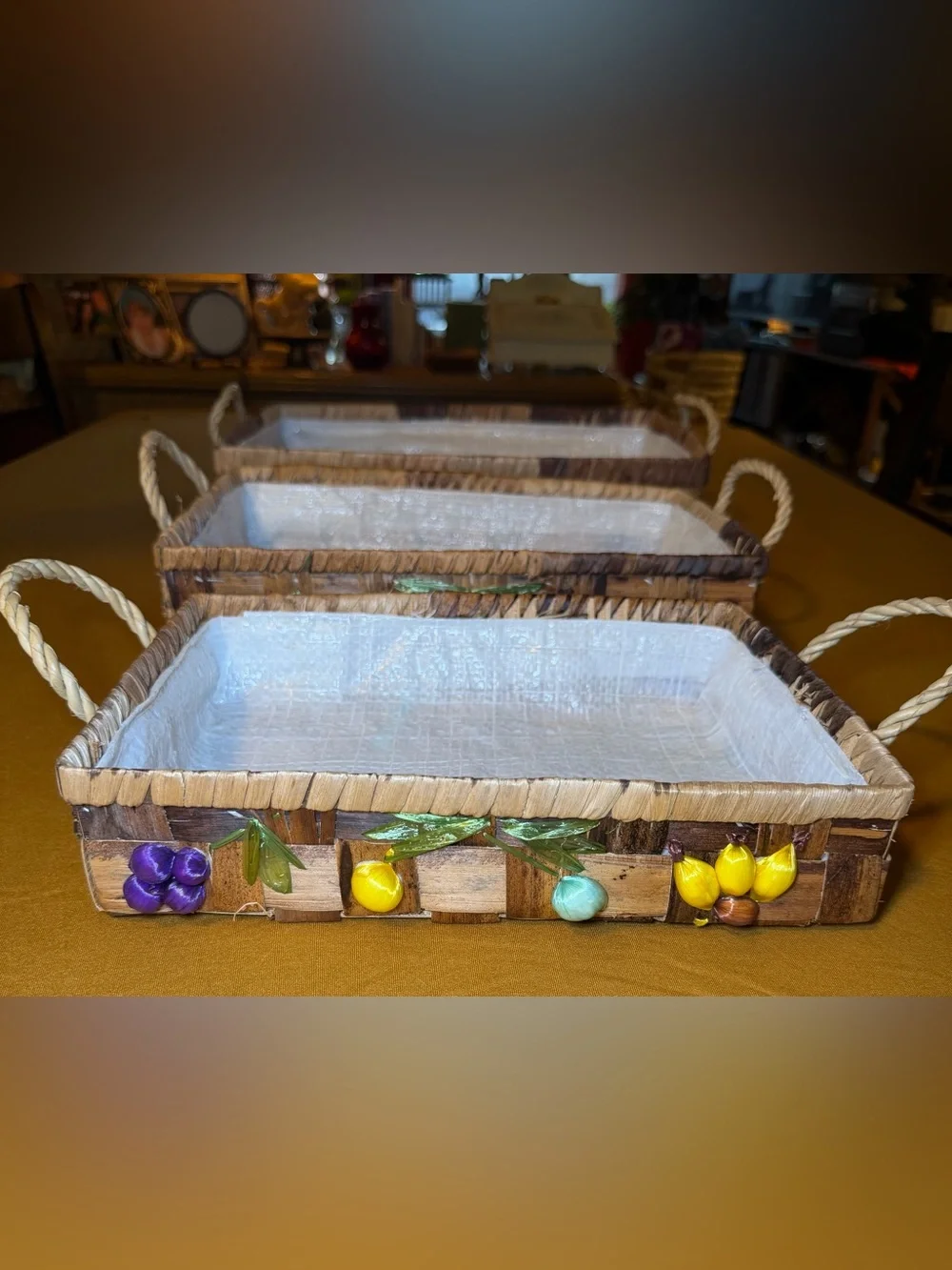 Vtg 70s Raffia Fruit Casserole Baskets Set of 3 Philippines Boho